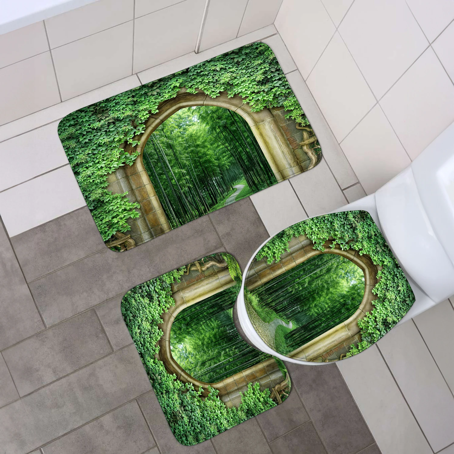 4-piece set of retro green plant door waterproof shower curtain with 12 hooks, waterproof printed curtain, bathroom floor mat