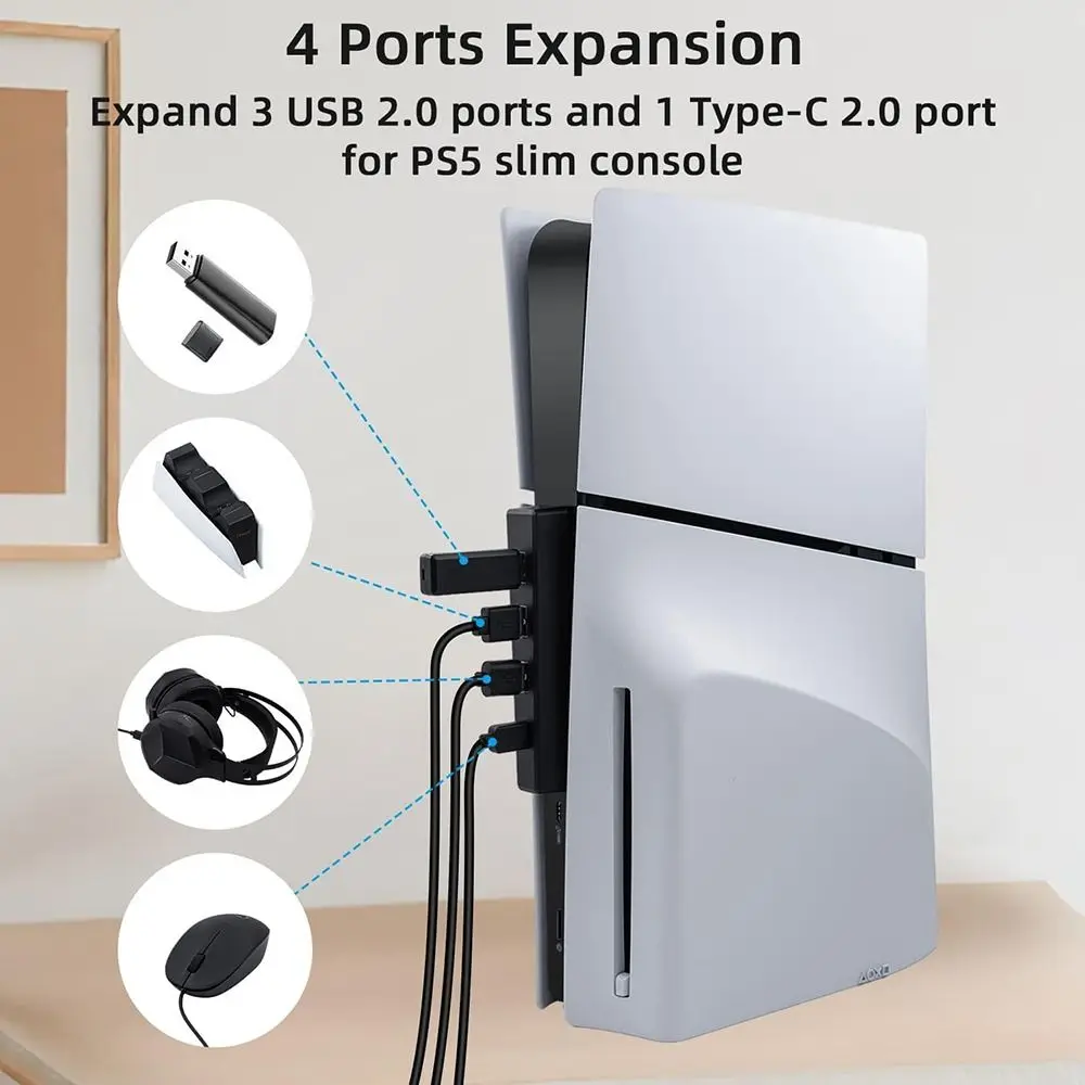 4 Ports USB 2.0 Hub High-Speed Portable USB Port Expander Saving Space Slim for PS5 PRO/SLIM Disc and Digital Edition