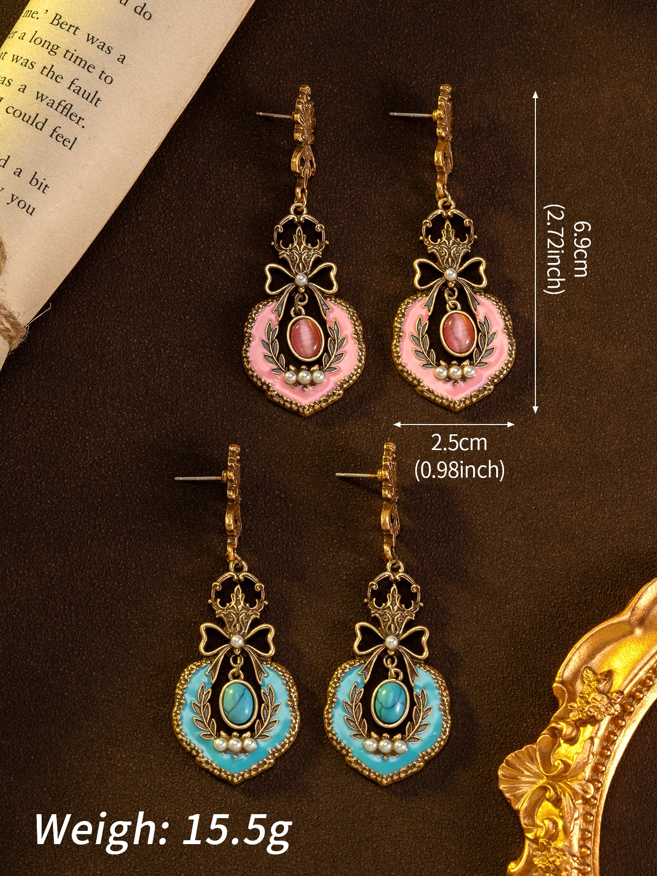 1 Pair of Vintage Retro Exquisite Hollow Bowknot Blue and Pink Enamel Palace-Style Earrings Suitable for Women to Wear Daily or at Parties, and Can Be Given as a Gift