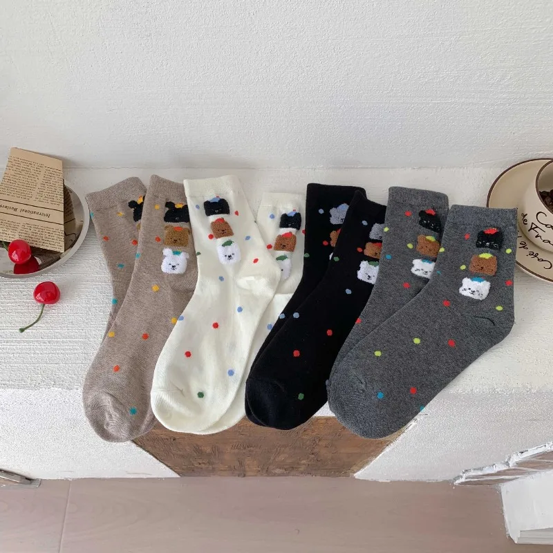 

4 пары разноцветных носков с мультяшными собаками для женщин, из чистого хлопка, милые, для весны и осени, простые носки средней длины