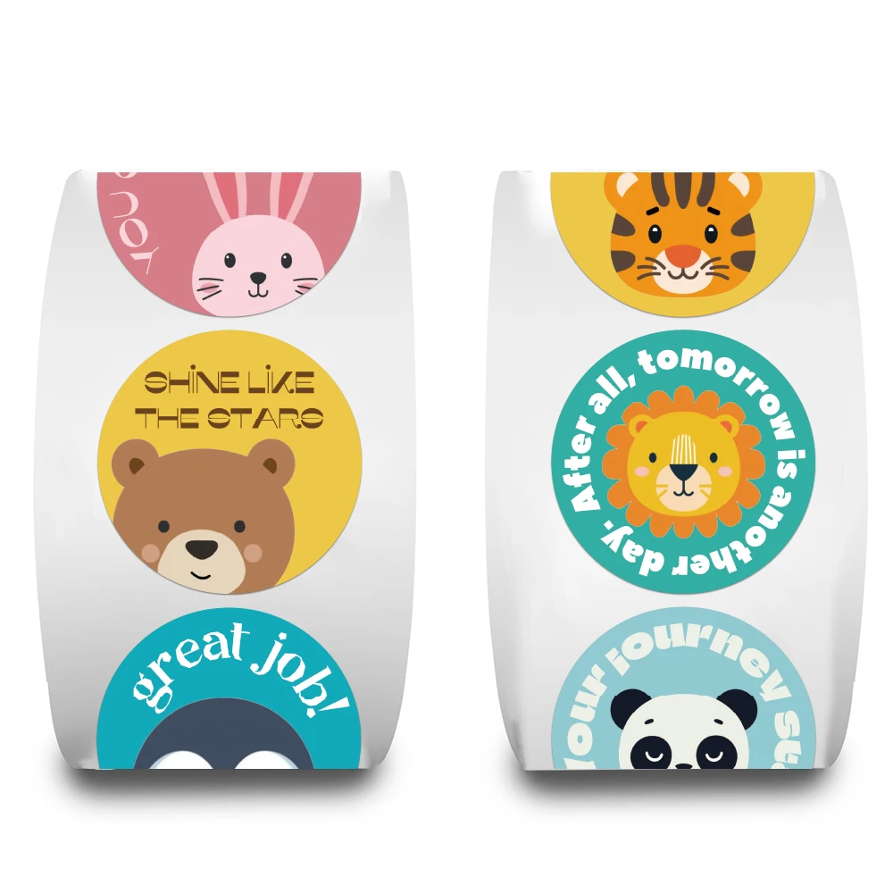 500PCS Fun Cartoon Rewards Inspirational Colorful Animals Round Roll Stickers Books Water Cups Phone Cases Envelopes Invitation