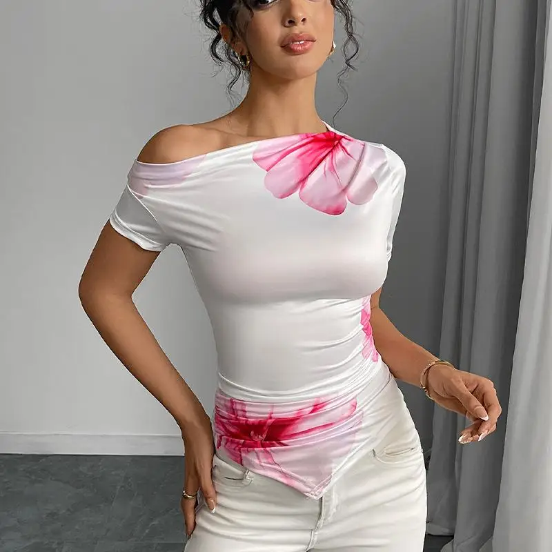 T-shirt imprimé en Polyester pour femmes, style européen, avec huiles inclinées et ort Sves, pour les déplacements de voyage, haut pour dames