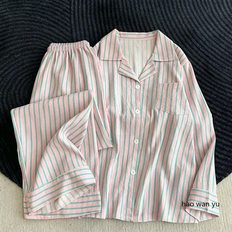 Autumn Striped Pajama Lapel Collar Long Sleeve Home Clothes Button‑down Ladies Korean Loungewear Sleepwear Women's Nightwear