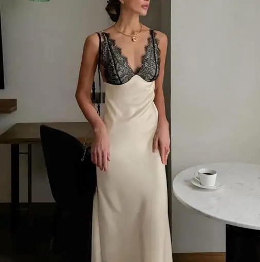 

Women Dresses 2026 Spring Summer New Solid Color Sexy Backless V-Neck Lace Splicing Slim Fit Sleeveless Casual Daily Long Dress