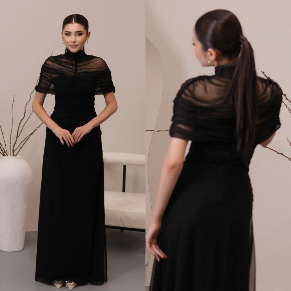 Personalizado estilo moderno tule plissado ruched drapeado em linha reta gola alta vestidos longos sob medida vestidos de ocasião tamanhos disponíveis