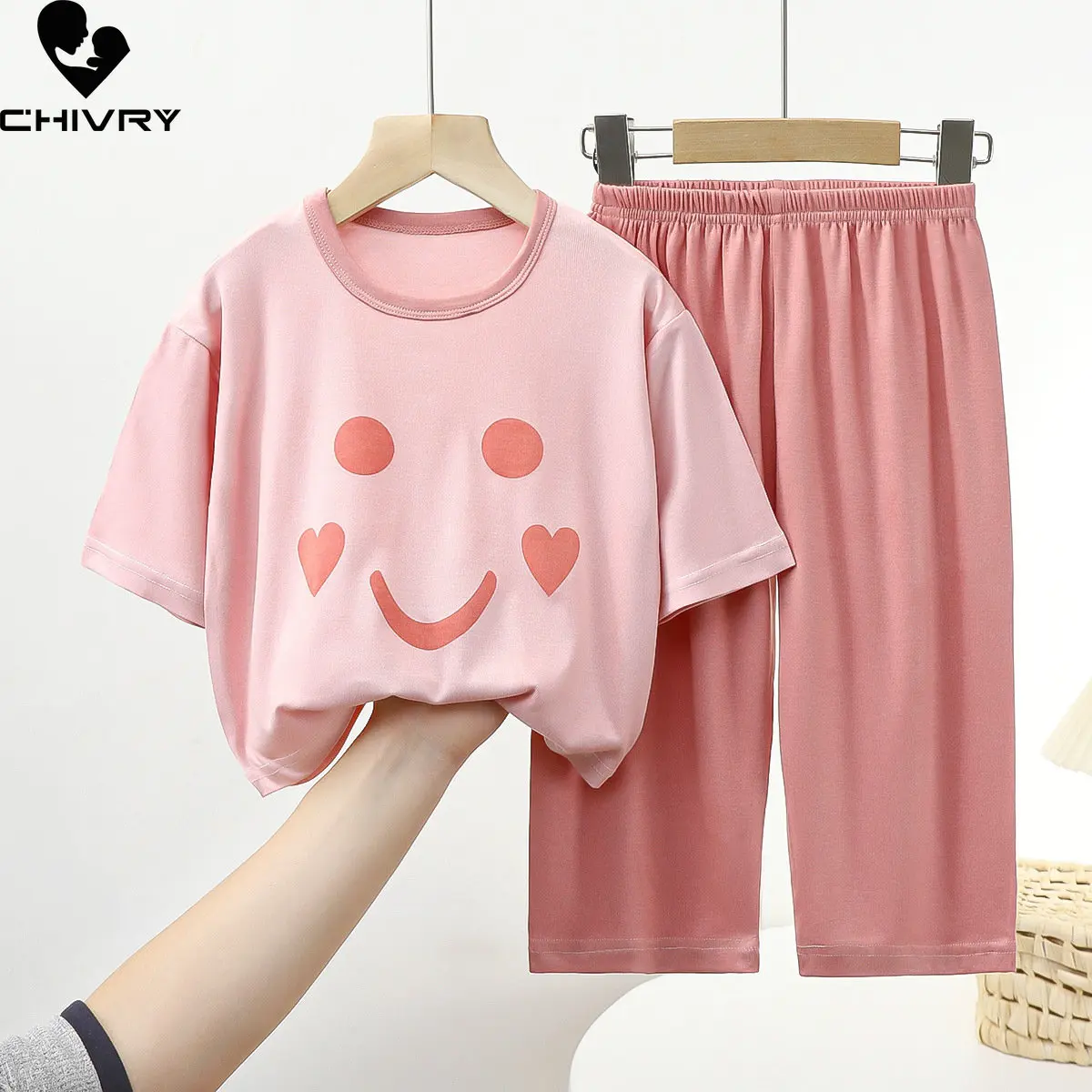 Kinder Sommer Dünne Silky Pyjamas Sets Neue Jungen Mädchen Cartoon Lächeln Drei-viertel Hülse Oansatz T Shirt mit Hosen baby Homewear