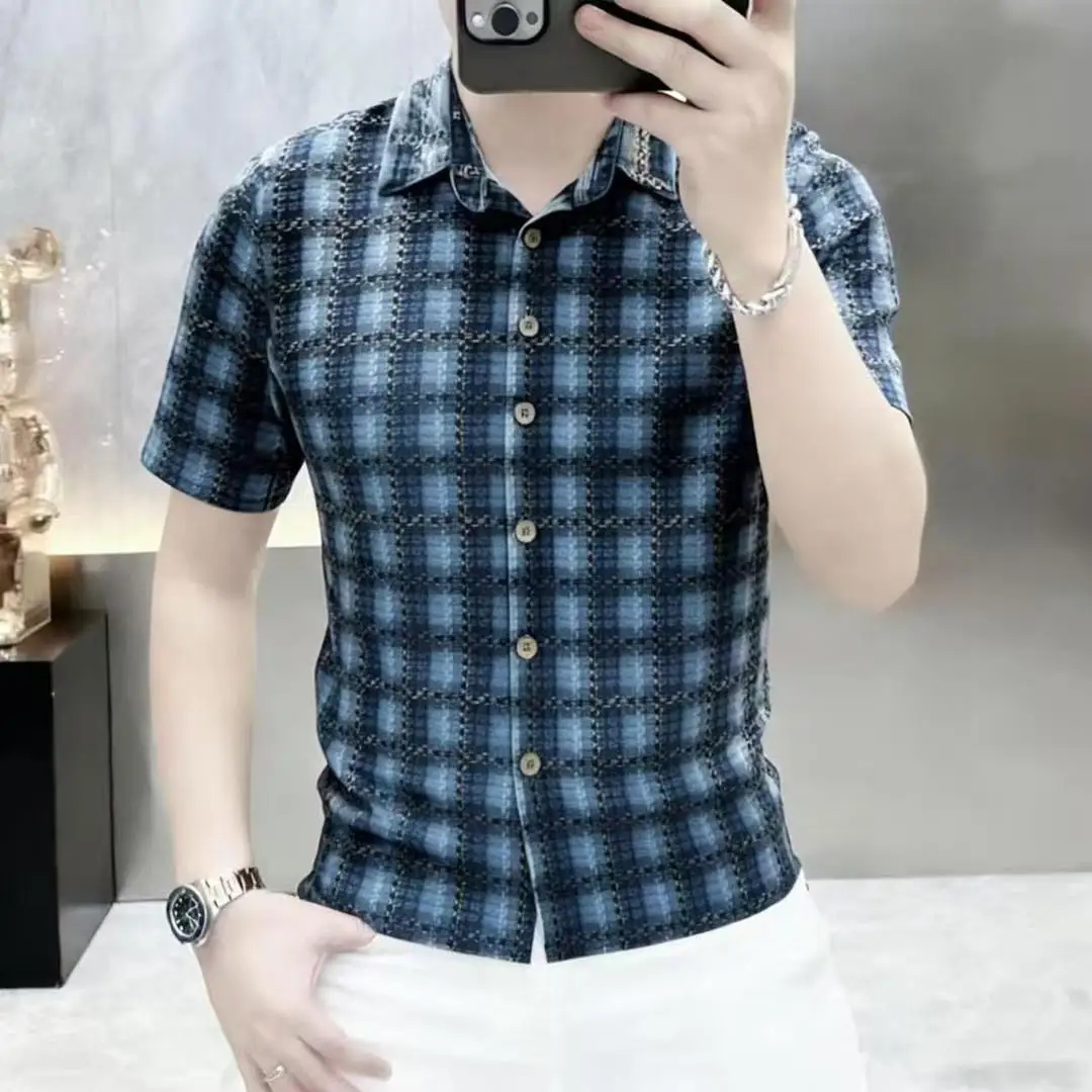

Summer Plaid Ice Silk Shirt for Men Slim Fit Short Sleeve Casual Shirts Elastic Comfortable Business Social Streetwear Shirt