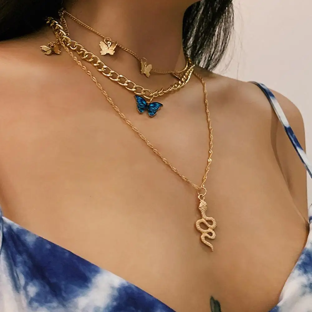 Snake Pendant Jewelry Elegant Three-layered Butterfly Snake Pendant Necklace for Women Retro Golden Chain Jewelry for Wear