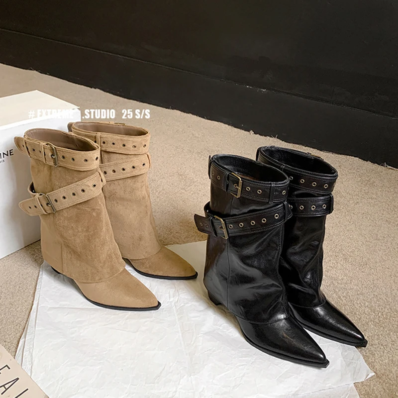 2025 موضة أشار تو المرأة الغربية حذاء من الجلد أنيقة كعب سميك أحذية Laides حزام مشبك الجوارب القصيرة Zapatos Mujer
