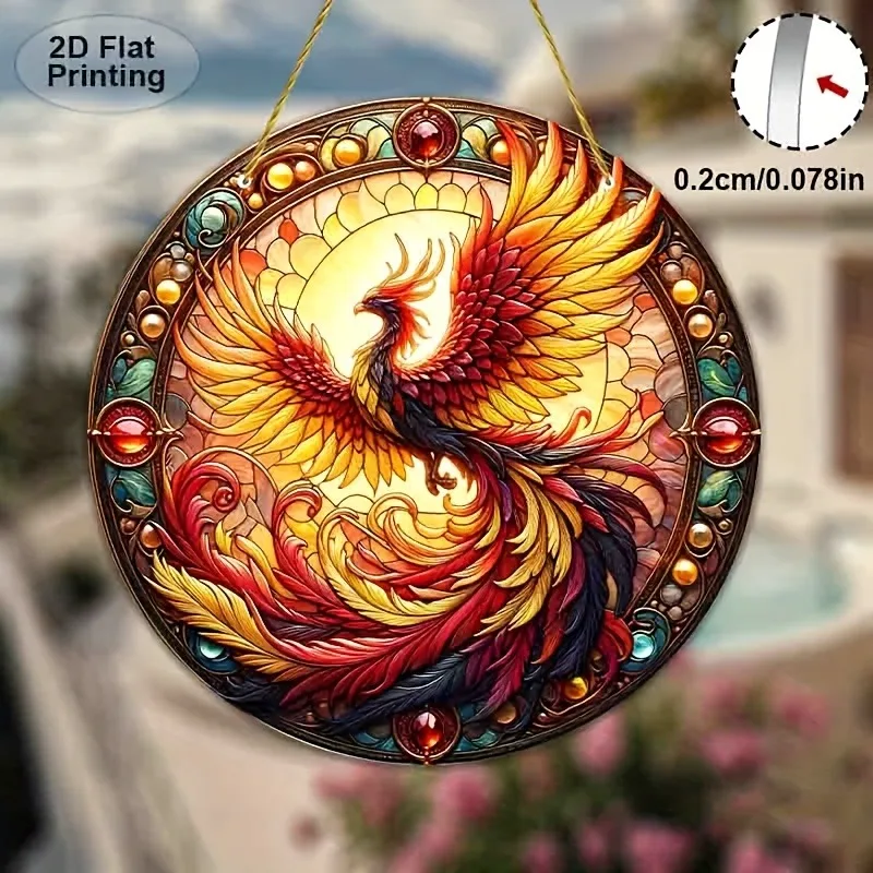 "أسطوري 2D Phoenix Sun Surcular Suncatcher - لوحة فنية جدارية أكريليك متينة لديكور المنزل على مدار العام |   هدية متحركة فريدة من نوعها
