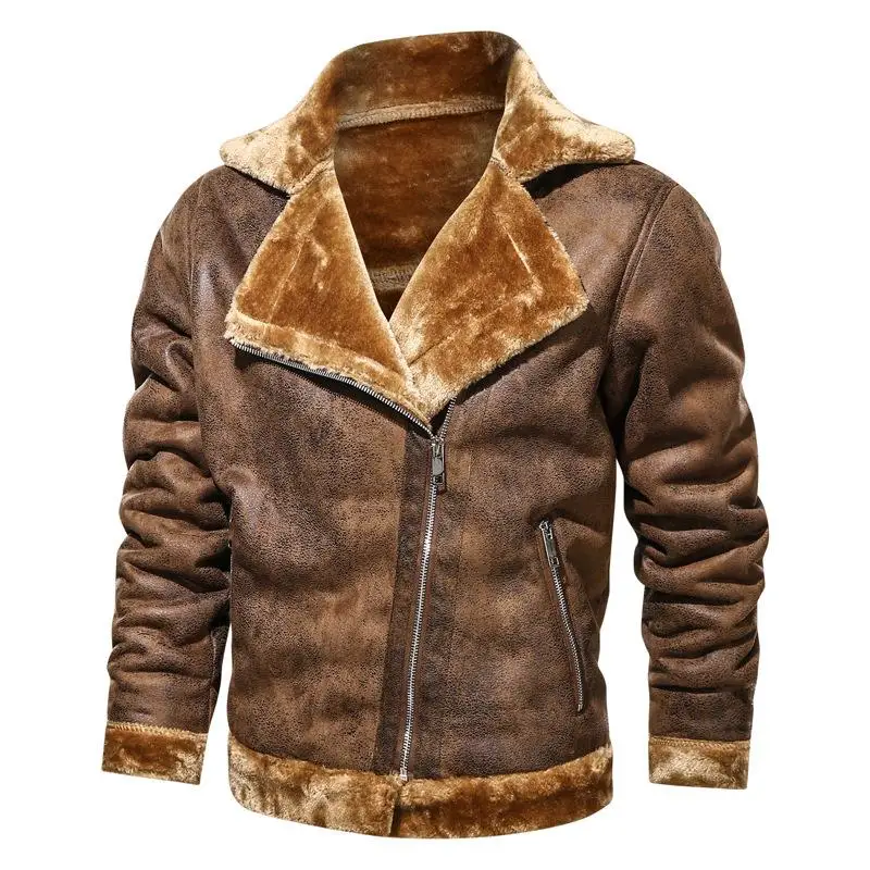 

Thiened Men's Fur One-Piece Leather Jaet Collar Zipper Closure Casual Long Sve Winter Coat Artificial Leather