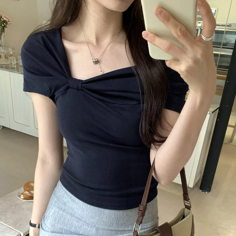 2026 Summer T Shirt Women Design-Sensory Pleated Off-Shoulder Short-Sleeved T-Shirt Korean Fashion Bow Student Crop Top Tee