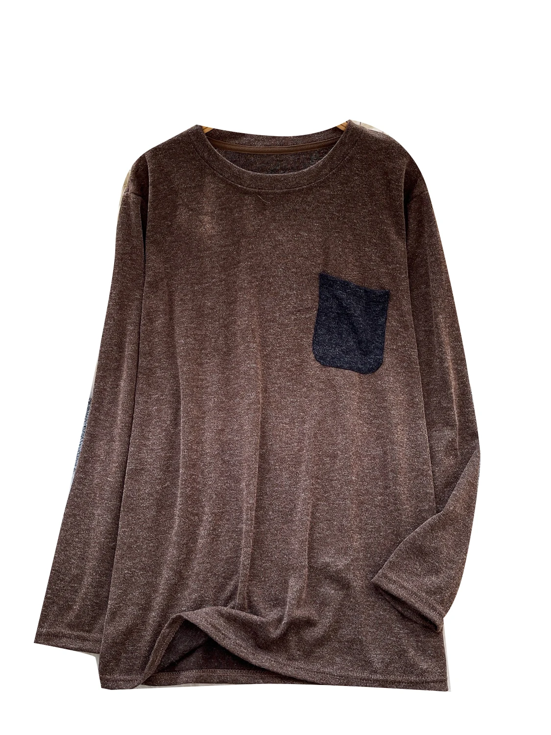 韓国スタイル カジュアル ルーズ カラーブロック ポケット ラウンドネック 長袖 レディース Tシャツ インナーウェア 快適 通気性 ポリエステル繊維