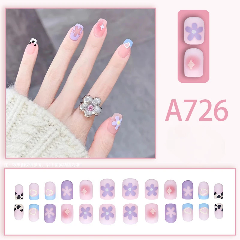 24 Uds estilo Ins especias oscuras usable rosa prensa en puntas de uñas postizas con pegamento diseño de uñas postizas mariposa encantadora chica uñas postizas