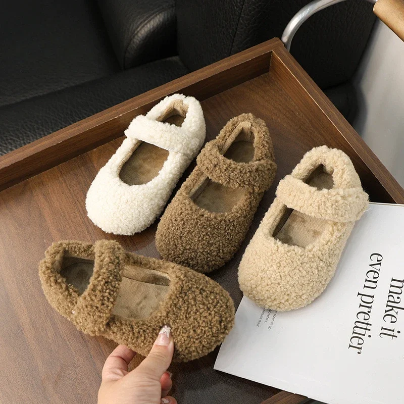 Children's Fur Shoes 2024 Winter Girl Furry Hairy Flat Shoes Warm Round-toe Versatile Kids Fashion Causal Cotton Shoes Hook Loop