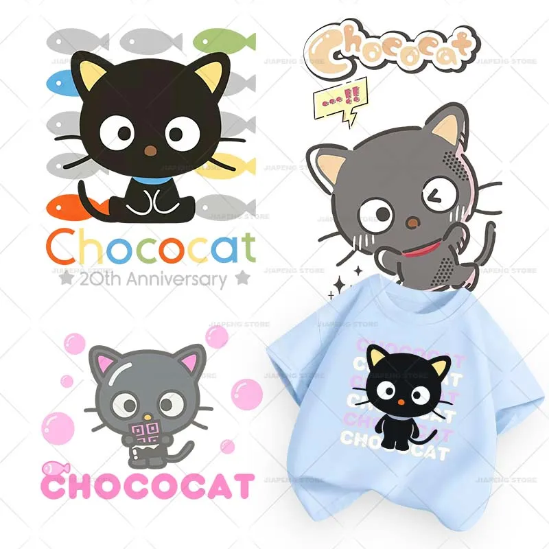 Chococat Printed Stickers For Clothes Cute Sanrio Cartoon Black Cat Patches Iron on Transfers On Girl T-shirt Applique Decor DIY