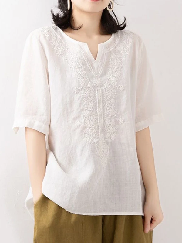 

Loose Cotton Linen ort Sve V-Ne T-irt Women's Top Summer New Sle Slimming Ethnic Wind Linen Base irt