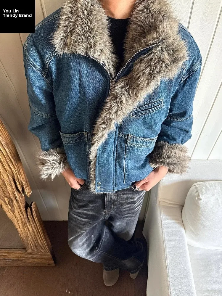 

Retro Stand Collar Mountain Eagle Fur Collar Men's Denim Jaet Winter Heavyweight Fce Lined Cotton ort Jaet