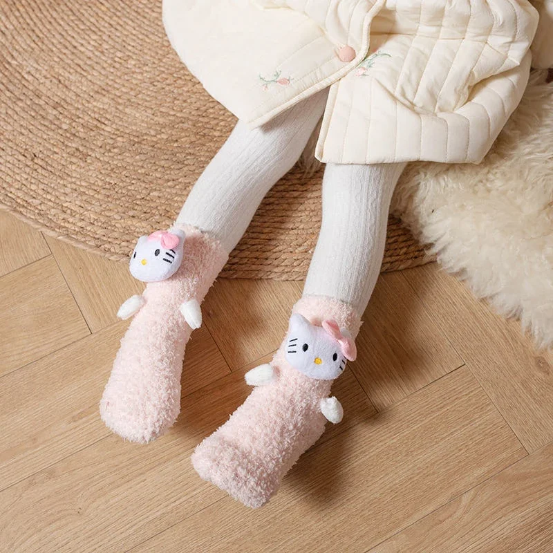 Cartoon Hello Kitty Child Plus Velvet Thickened Stockings Cold Prevention Warm Cute Sweat Absorption Childrens Mid Tube Socks