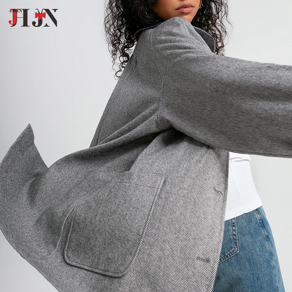 JHJN New Woman Jacket Korean Loose Turn-Down Collar Jackets Slimming Patchwork Outer Garment Warm Coat Single-Breasted Outerwear