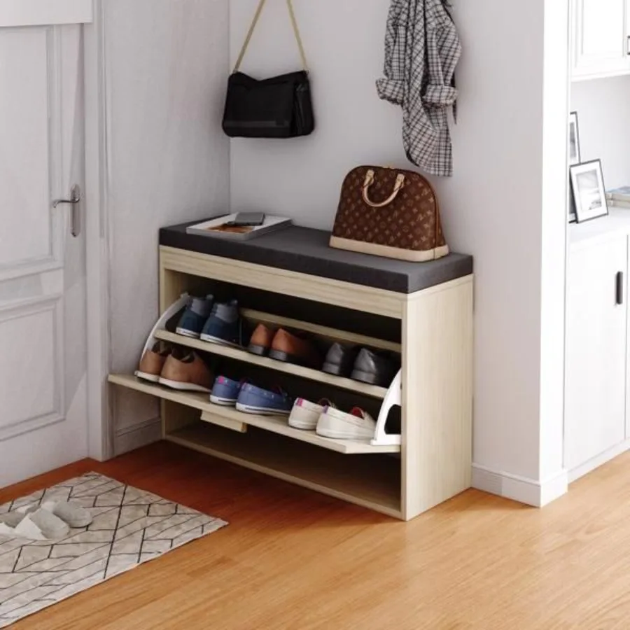 

Rattan Shoe Rack Hallway Shoe Bench Shoe Cabinet with FlipDrawer and Seat Cushion