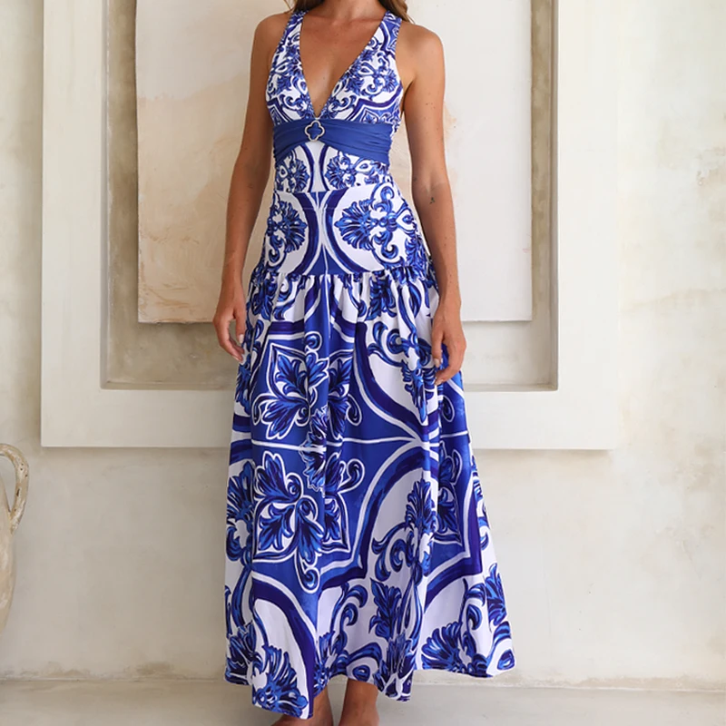 Trajes de baño para mujer 2025, vestido de playa con cuello en V, traje de baño de una pieza con estampado clásico de la serie Majolica, pantalones o pantalones cortos, ropa de playa