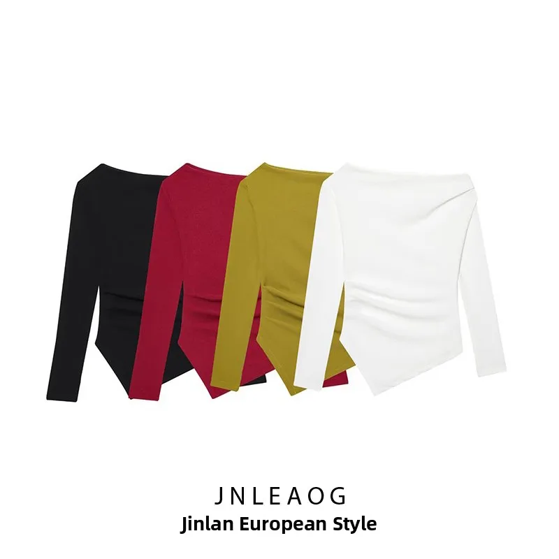 بلوزة نسائية جديدة من JNLEAOG لربيع 2023 بتصميم عصري غير متماثل ومرن على الطراز الفرنسي ضيقة بأكمام طويلة مقاومة للرطوبة والتعرق