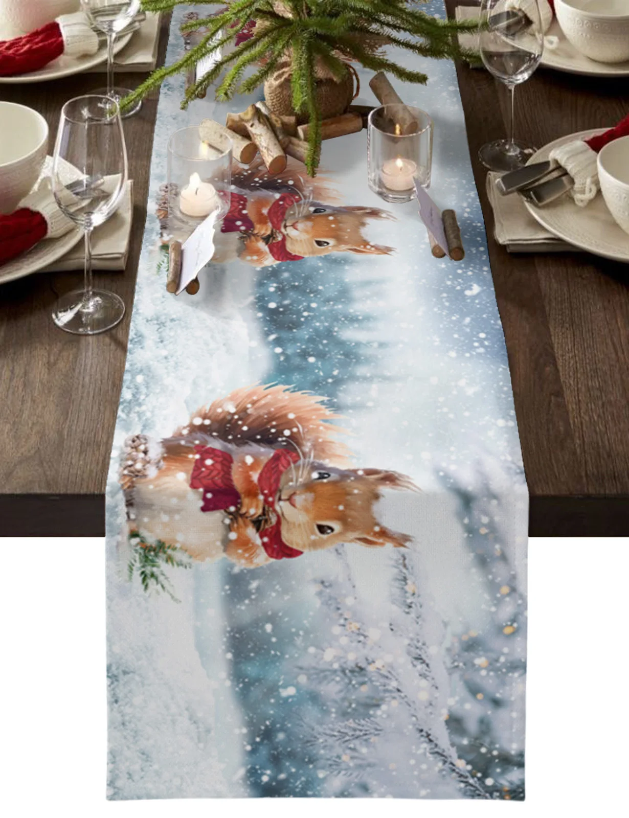 Winter Snow Pine Cone Squirrel Linen Table Runner Dresser Scarves Decor Reusable Kitchen Dining Table Christmas Decorations