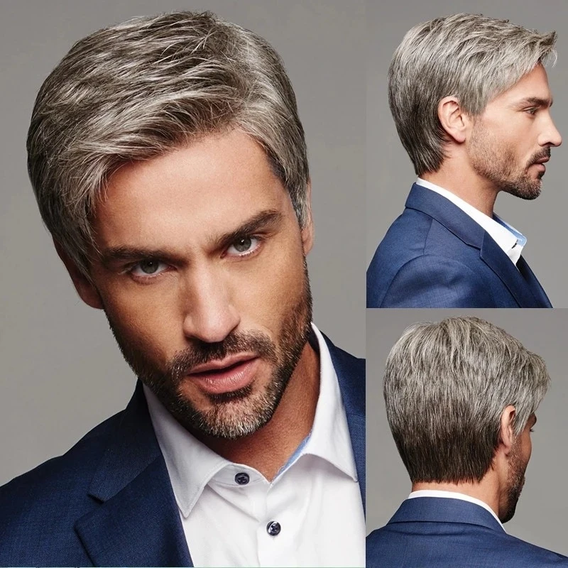 New 's , European and American style, brown-gray side-parted wig for men