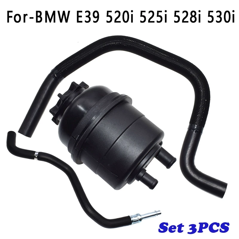 3PCS Power Steering Reservoir+Hose Kits Power Steering Pump For-BMW E39 520I 525I 528I 530I 32411097164 32411093130