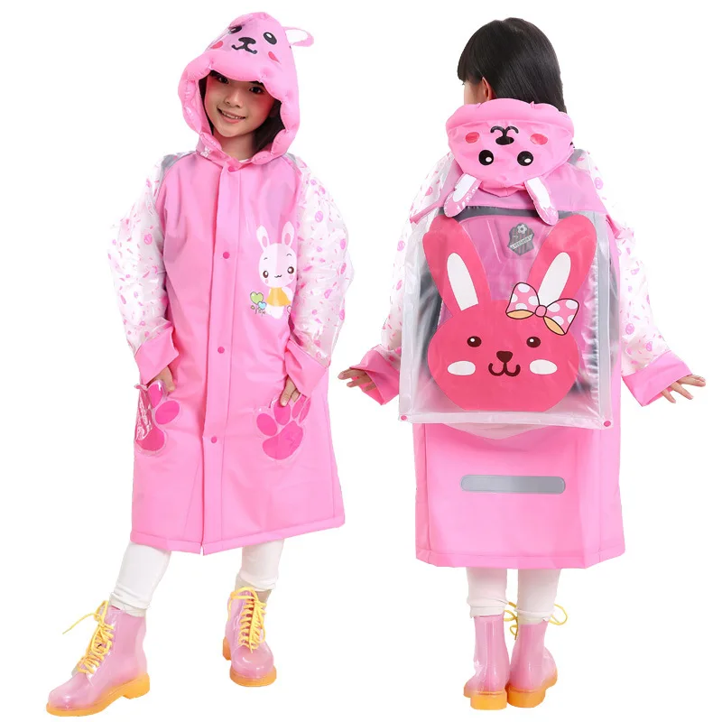 Summer Children\'s Raincoat Boys Girls Cute Cartoon PVC Waterproof Hooded Poncho with Backpack Position Student RainWear