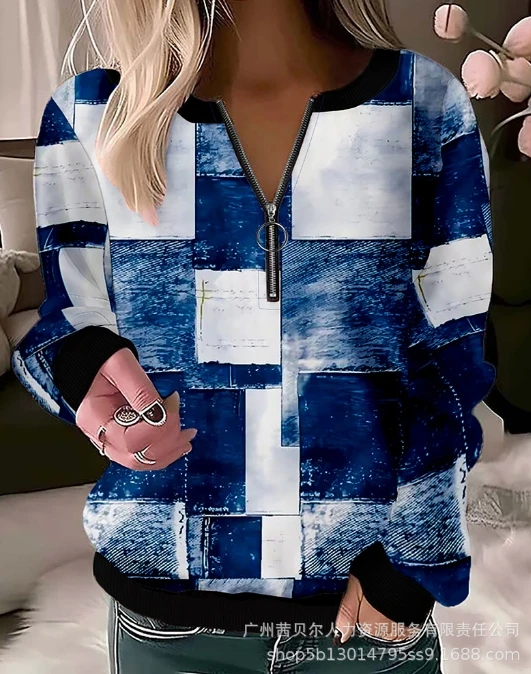 Mulheres em torno do pescoço textura Zipper Design Hoodie, pendulares, moda, impressão abstrata, fino, solto, textura, novo