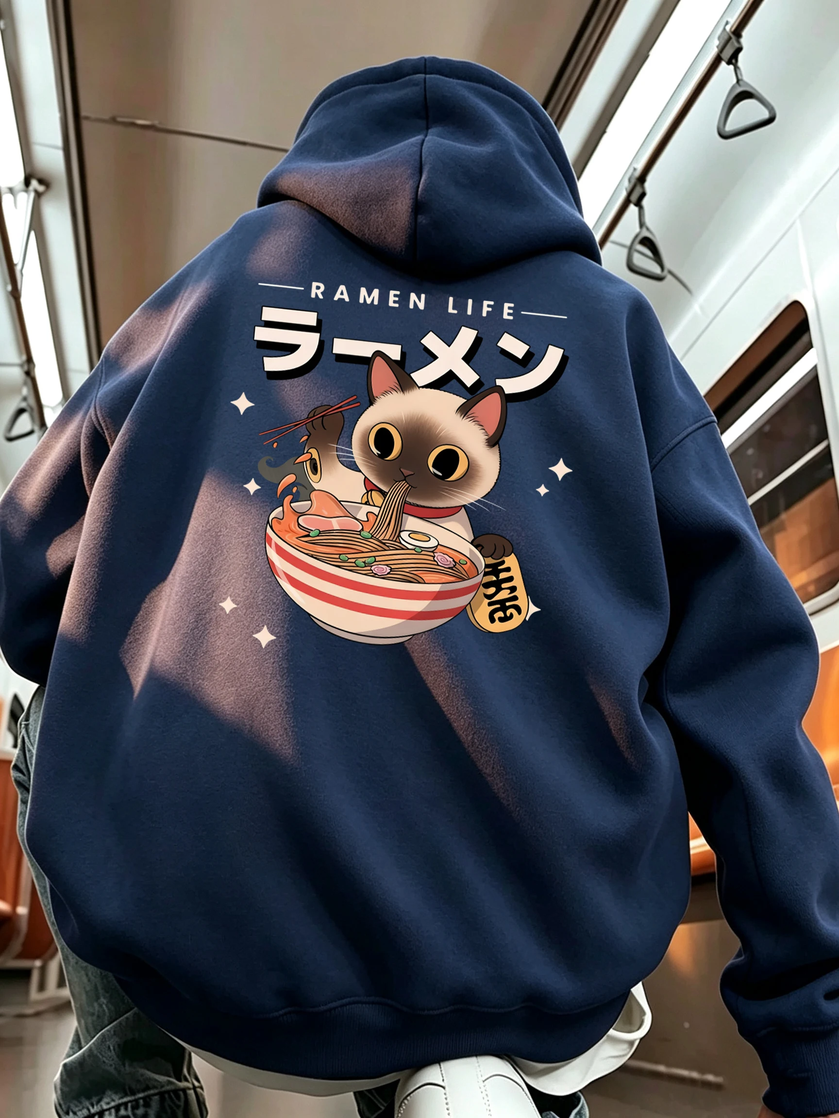 Kitten'S Daily Lamian Noodles Pattern New In Men Hoody Autumn Pocket Streetwear Loose Casual Pullover Fleece Hooded Long Sleeved