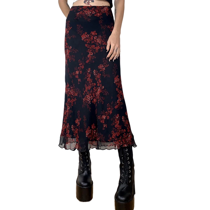 Women Gothic Long Skirt Spring Autumn y2k Vintage Elegant Flower Skirt for Casual Daily Dating fairy grunge goth harajuku