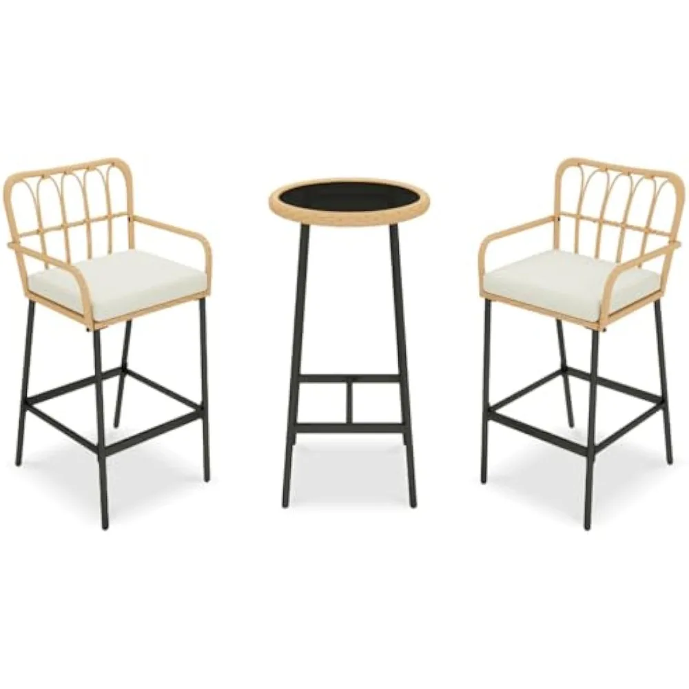 3 Pieces Patio Bar Table Set, Outdoor Wicker Bar, All Weather Height Bar Stools and Table Set, for Garden, Deck, Balcon