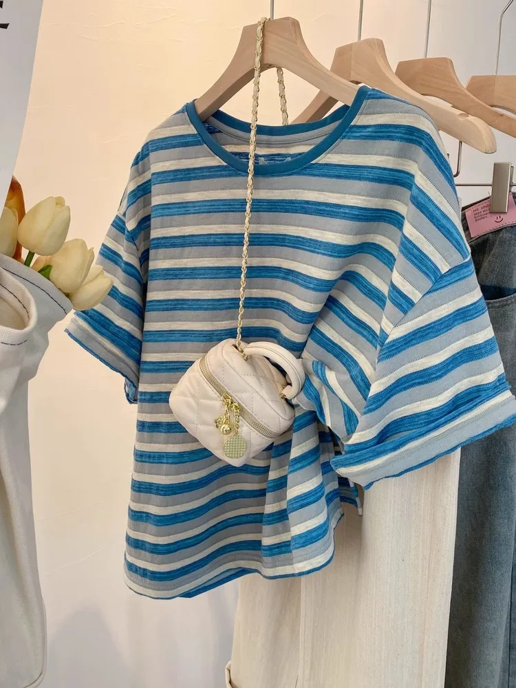 루즈핏 여성용 스트라이프 여름 디자인 감각적인 코튼 캐주얼 라운드넥 탑