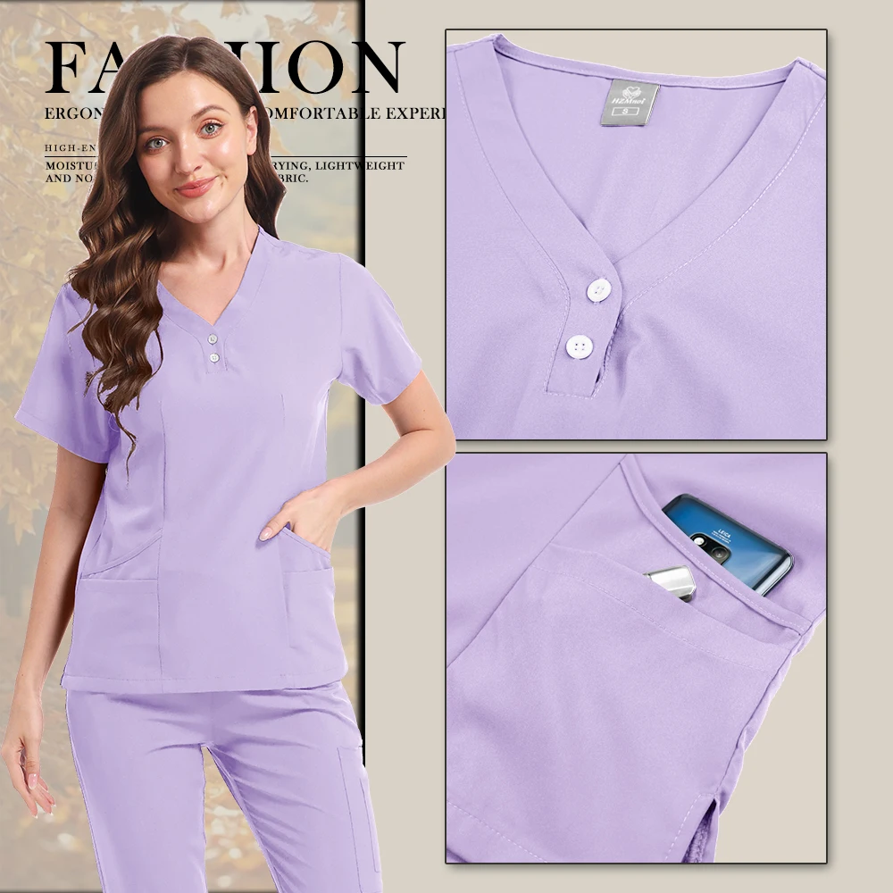 New Scrubs Set Medical Uniforms Stretch Scrub Tops with Pocket Pants Nurse Uniform Doctor Surgery Overalls Beauty Salon Workwear