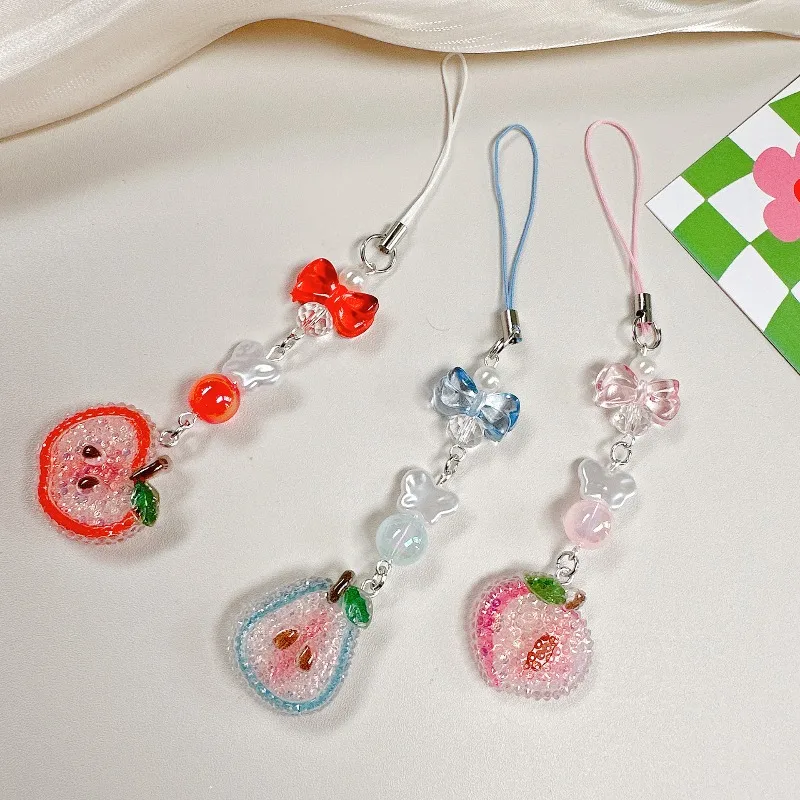 

1 Piece Kawaii Phone Strap with Sugar Crush Aesthetic Crystals Sparkling Fruit Party Charm Pouch Chain Card Lanyard Phone Charm
