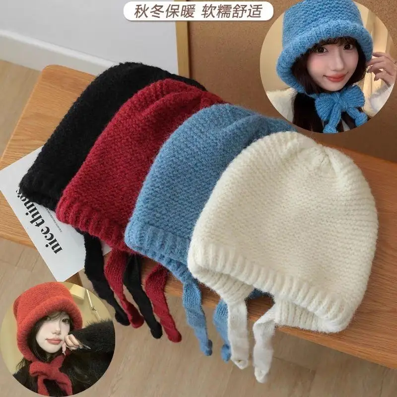 Korea 2024 Winter Hats Balaclava Hat Warm Women Knitted Wool Pullover Hat Gothic Y2k Knitted Winter Beanies Cap Hooded Hat