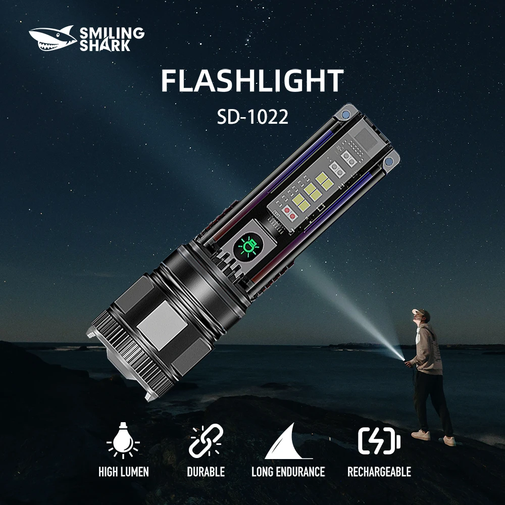 1pc Smiling Shark SD-1022 LED Flashlight, Super Bright Handheld Flashlight, Long-lasting Flash Light Rechargeable for Outdoors