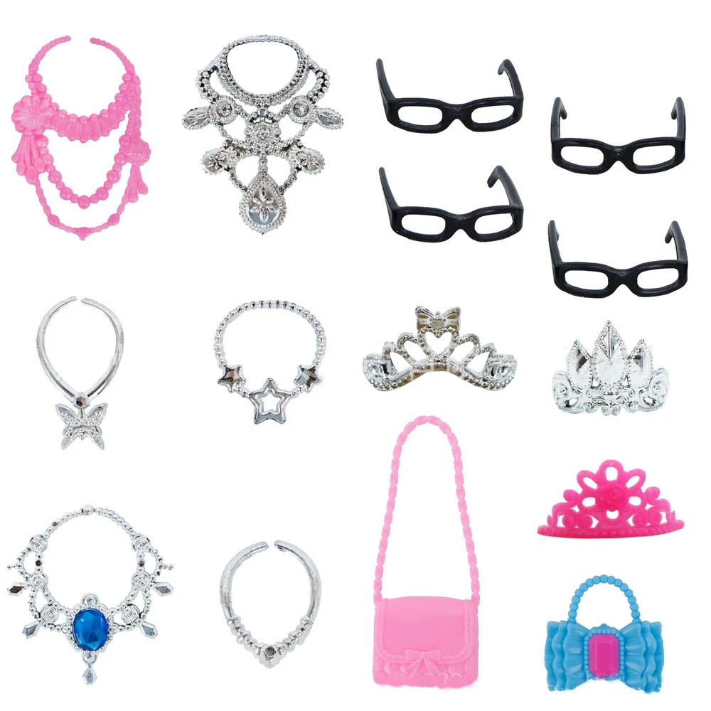 35 Item/Set Doll Accessories 10 Mix Fashion Cute Dress 10 Shoes 4 Glasses 6 Necklaces 2 Handbag 3 Crown Dress Up for Barbie Doll view 4