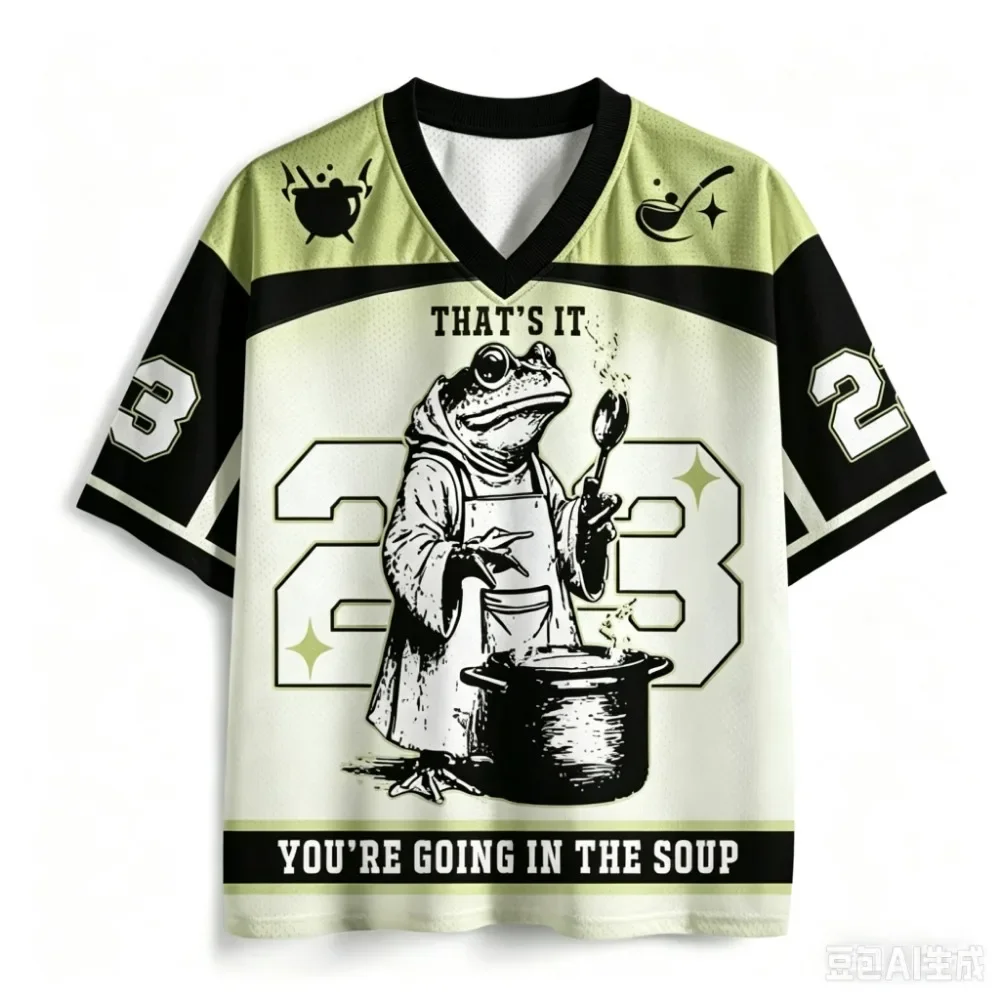 Lustiges Cartoon-Frosch-Koch-Design, 3D-Druck, Street-Hip-Hop, Y2K, sportlich, schnelltrocknend, atmungsaktiv, Herren- und Damen-T-Shirt mit V-Ausschnitt, große Größen. – Detail 2