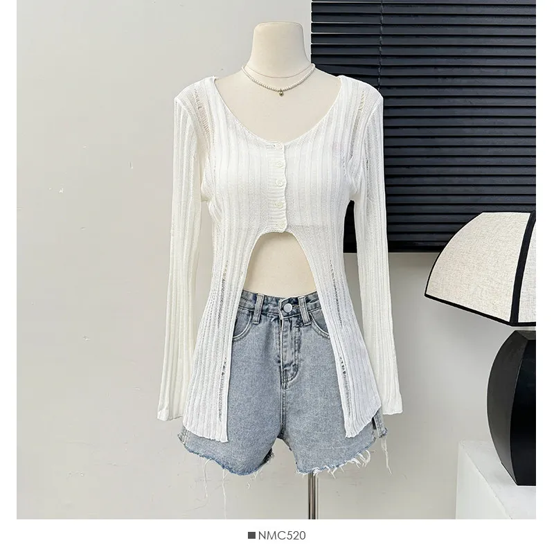 Women Distressed Knit Top Long Sleeve Button Up Sweater Cardigan Sheer Open Stitch Tops Teen-girl Sexy Club Fall Winter Outfit