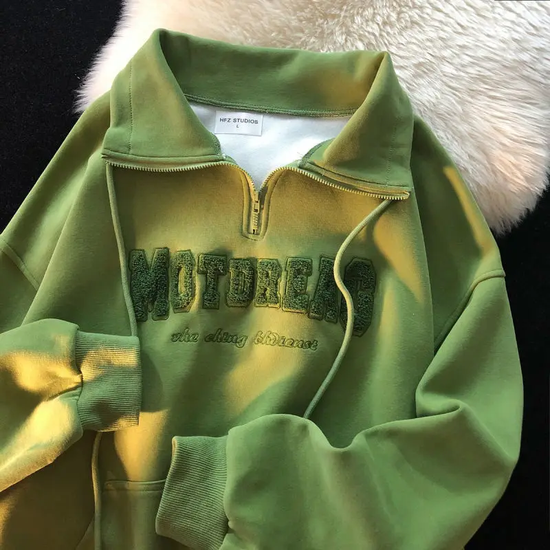 Green Vintage Zipper Draw String American Hiphop Sweatshirt Women Long Sleeve Pullover New Spring Loose Ins Thin High Street Top