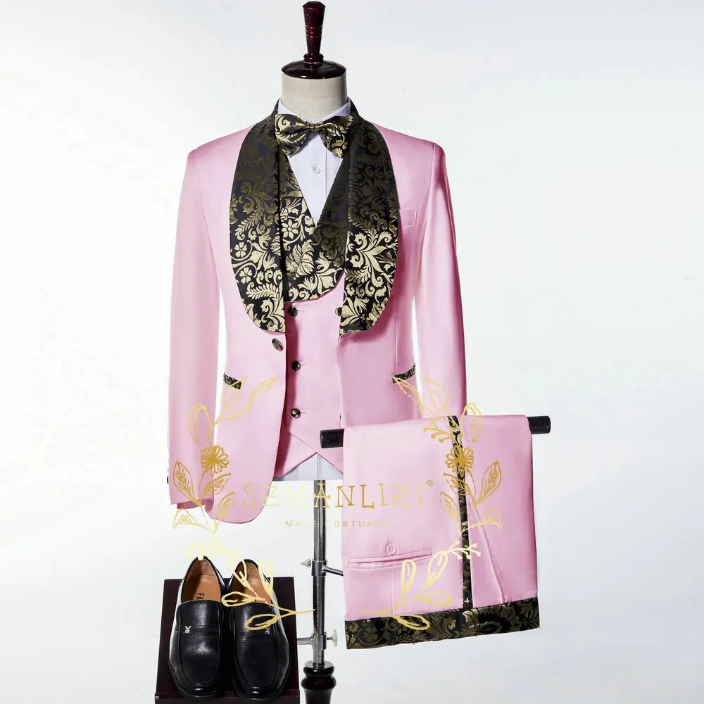 Slim Fit Royal Blue Men Suits 3 Piece Gold Floral Lapel Groom Tuxedos for Wedding Groomsmen Italian Style Suit Jacket Vest Pants