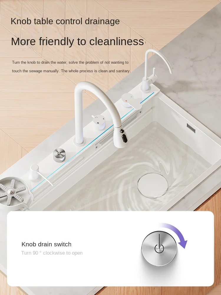 750*460MM White rain waterfall sink integrated multi-functional large single slot 304 stainless steel vegetable washing sink