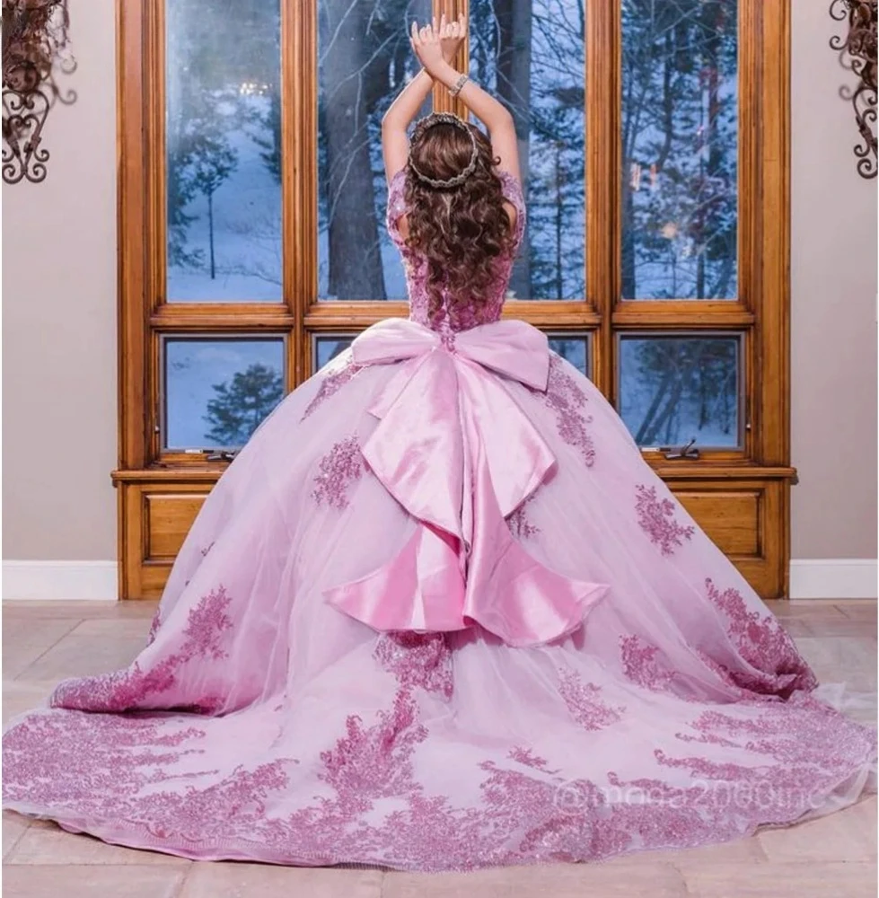 Roze Prinses Quinceanera Jurken Baljurk Van De Schouder Tule Appliques Sweet 16 Jurken 15 Años Mexicaans