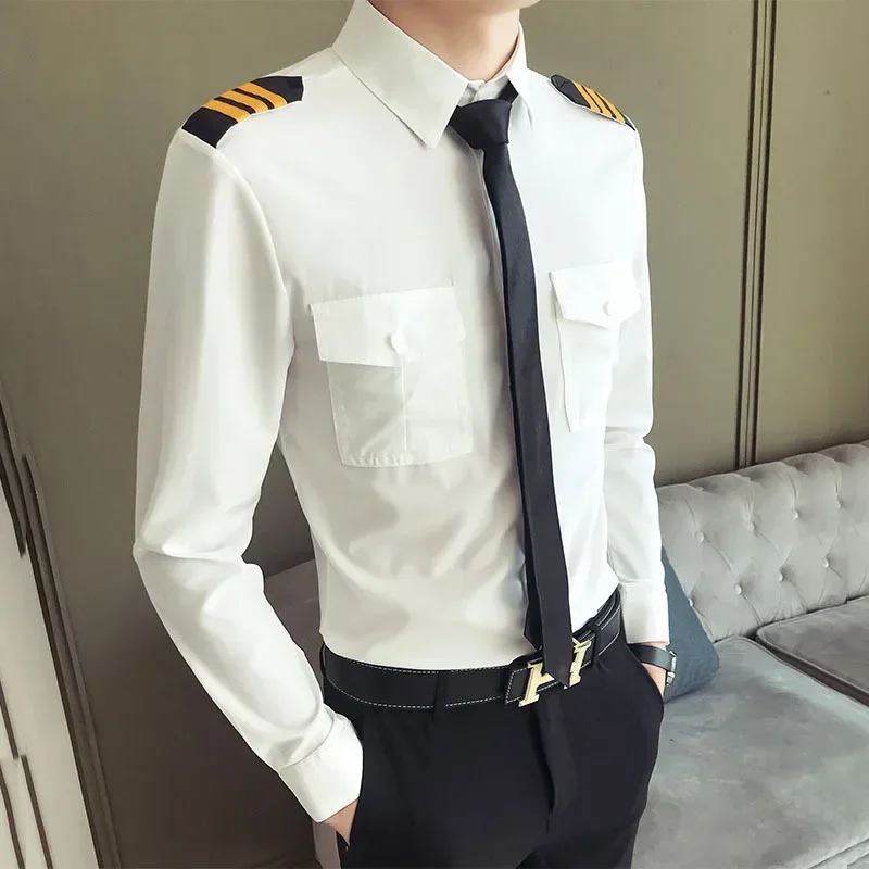 เสื้อเครื่องแบบนักบินมืออาชีพสำหรับผู้ชายและผู้หญิง คล้ายกับเครื่องแบบกองทัพเรือ วิศวกรการบิน ชุดทำงานโรงแรม เสื้อเจ้าหน้าที่บิน