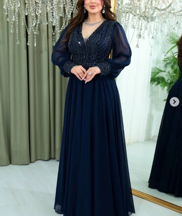 Abendkleider mit V-Ausschnitt, Kristallen, Pailletten, Perlen, maßgeschneiderte Ballkleider, Chiffon, Maxi, lange Ärmel, Geburtstagskleid