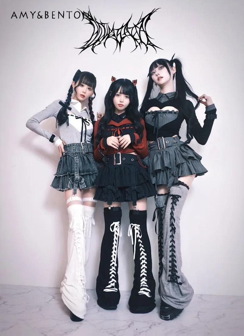 Subculture Mass-Produced Gothic High-Waisted Denim Puff Skirt Japanese Mine Series Gothic Belt Slim Fit Multi-Layer Mini Skirt